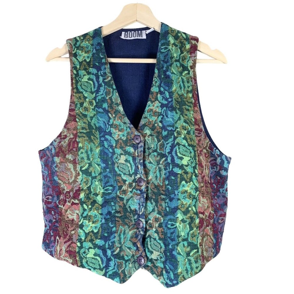 Vintage Vest Size Large Floral Tapestry Button Up Blue Green Sleeveless Boom